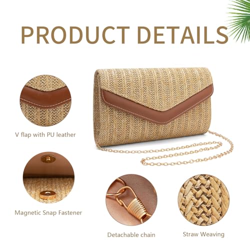 Straw Clutch Purse for Women Envelope Clutch Handbags for Summer Beach Evening Shoulder Crossbody Bag - color: Khaki