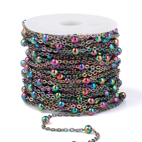 33 Feet Multicolor Satellite Bead Chains Roll, 2mm 304 Stainless Steel Rainbow Ball Beaded Cable Link Chains Spool Bulk for Jewelry Making DIY Craft - color: Colorful Big Beads Satellite Cable Chain