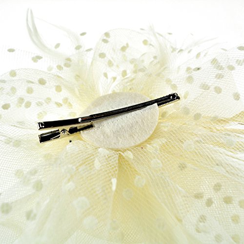 DRESHOW Fascinators Hat Flower Mesh Ribbons Feathers on a Headband and a Clip Tea Party Headwear for Girls and Women - color: 7" Diameter / Beige
