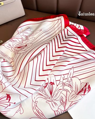 Saiusloa Neck Scarf For Womens Silky Head Scarves Hair Bandanas Square Scarf Fashion Accessories lightweight - color: 32-red and White Stripes