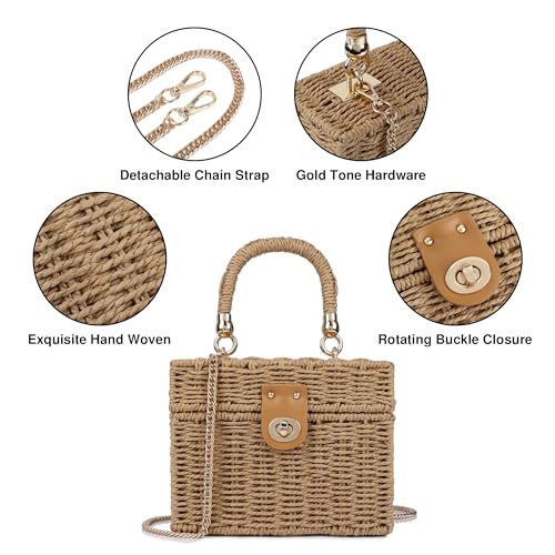 Handwoven Rattan Bag for Women Wicker Crossbody Shoulder Bag Straw Beach Tote Bag Top Handle Satchel Handbag with Chain Strap - color: Brown