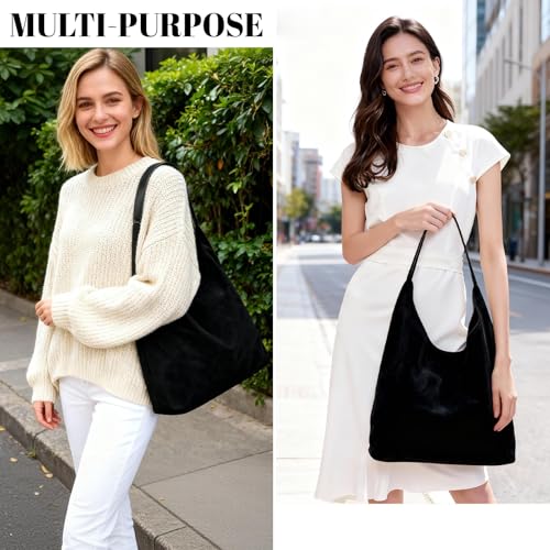Suede Hobo Bags for Women Trendy Suede Shoulder Bag Slouchy Tote Handbag Suede Purse for Work Everyday | Suede Hobo Bags - color: Black