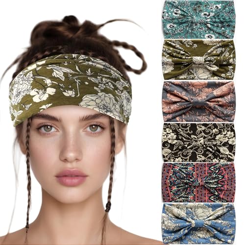 6 Pack Boho Style Women's Headbands, Non slip Fashion Wide Elastic hairband, Daily Sports Yoga Workout Women's Hair Bands,Floral Print-Nature Wildflower Print - color: Type 12