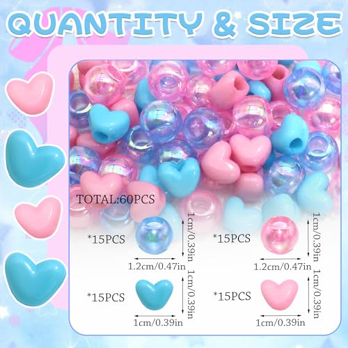 60PCS Hair Beads for Braids Pink Blue Heart Shape Loc Bead Jewelry AB Color Round Dreadlock Beads Hair Accessories - color: Blue&Pink