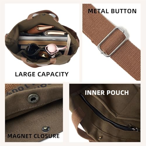 Canvas Tote Bag For Women inside out bag Crossbody Handbag with Adjustable Strap and Coin Purse for Work,Travel,Grocery - color: Coffee