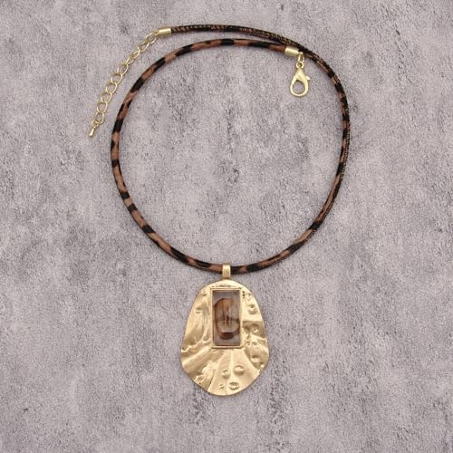 GelConnie Leather Necklaces Turquoise Long Boho Necklaces for Women Brown Chunky Circle Pendant Chocker Necklace Gold Sweater Necklace - style: Brown Leopard Print Necklace