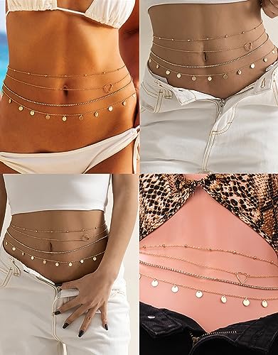 Tornito 8Pcs Waist Belly Chain CZ Heart Pearl Snake Bead Sequin Paperclip Belly Chain Summer Beach Sexy Body Chains Jewelry Accessories for Women Adjustable - style: A:8Pcs(Heart)