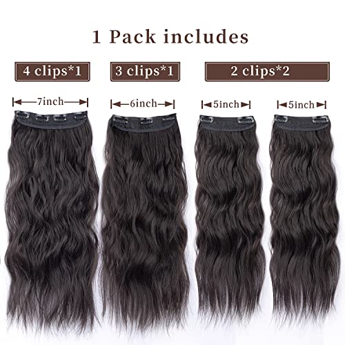 Clip in Synthetic Hair Extensions Long Wavy 4PCS Thick Hairpieces Dark Brown Fiber Double Weft Natural Hair Extensions 20 Inch for Women (4pcs, 20Inch, 6A#) - color: 6A-Dark Brown