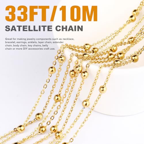 33 Feet Gold Satellite Bead Chains Roll, 2mm 18K Gold PVD Plated 304 Stainless Steel Ball Beaded Cable Link Chains Spool Bulk for Jewelry Making DIY Craft - color: Gold Big Beads Satellite Cable Chain