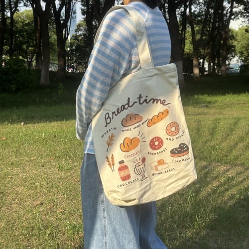 Canvas Tote Bag with Zipper for Women, Aesthetic Tote Bag with Pocket for Vacation, Shopping, Travel, Beach - style: Bread Time