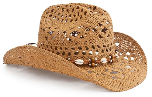 Straw Cowboy Hat, Western Cowgirl Hat, Wide Brim Sun Beach Hat for Men and Women - color: Khaki-m26