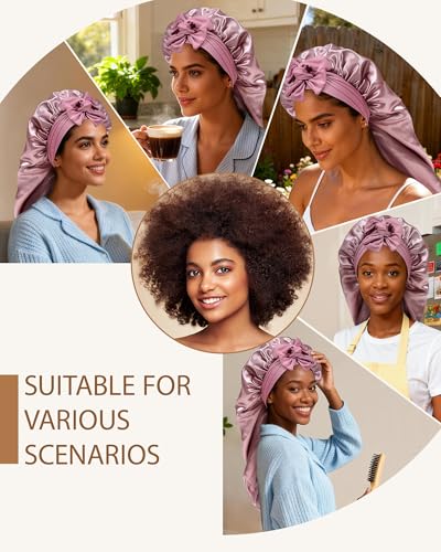 AWAYTR Long Satin Bonnet for Braids - Elastic Silk Hair Bonnets for Sleeping Night Cap Stretchy Tie Band for Women（Rose Gold） - color: Rose Gold