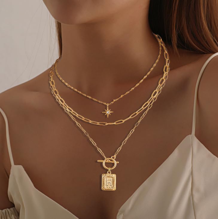 Paxuan Dainty Gold 3-Layer Personalized Initial Necklace for Women - 18K Gold Layered Letter Pendant Necklace Adjustble Paperclip Chain Choker Necklace Jewelry Gifts with Star Charm - style: Letter E