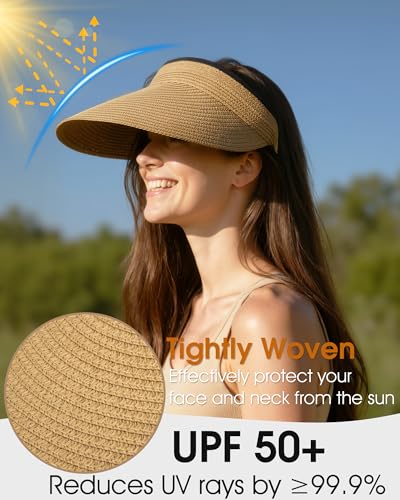 Senker Fashion Sun Hats Visor for Women, Straw Beach Hat Adjustable Wide Brim Ponytail Packable for Summer Travel UPF 50+ - color: Khaki