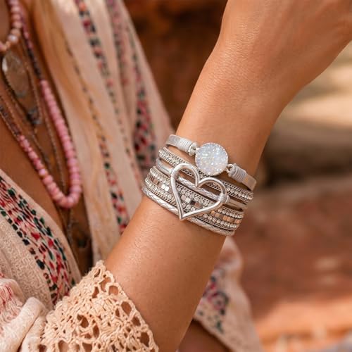 Long tiantian Leather Bracelets for Women Warp Bracelet Stackable Boho Layered Bracelet Chunky Heart Trendy Birthday Gifts for Her - color: A10：chunky bracelets for women(silver)