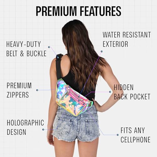 Holographic Clear Fanny Pack Belt Bag | Waterproof fanny pack for Women - Crossbody Bum Waist For Halloween costumes, Hiking, Running, Travel and Stadium Approved (Pink) - color: Pink & Gold / Transparent Holographic