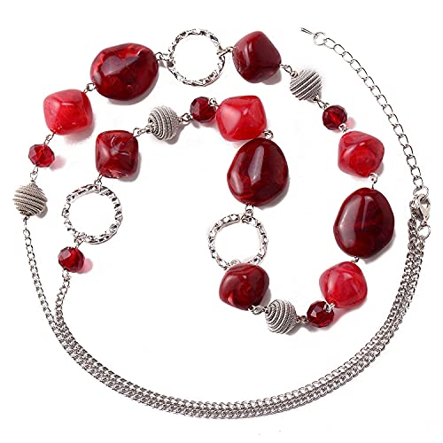 BULINLIN Beaded Long Necklace for Women Silver Sweater Chain Necklace with Crystal Resin Beads, Fashion Jewelry Necklace - color: 53-Dark light red