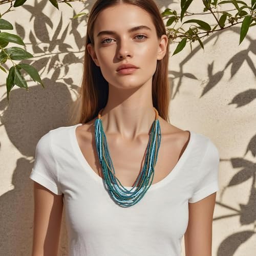 Coiris Chunky Statement Necklaces for Women Boho Multi Long Layered Strand Beaded Necklace for Women Handmade Crystal Beach Jewelry Gift - color: Green