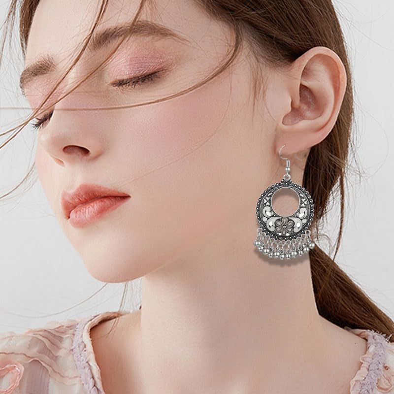 Vintage Boho Statement Drop Dangle Earrings for Women Bohemian Ethnic Handmade Beaded Charms Earring Bohemian Retro Chandelier Tassel Earrings Mexico Gypsy Jewelry Gift - color: O-Silver-White