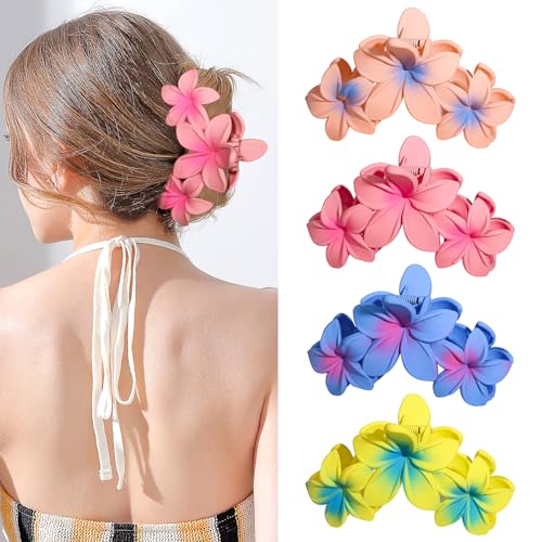 4PCS Plumeria Hair Clips for Thick Hair - Large Hawaiian Claw Clips with Strong Hold and Non-Slip Grip (Colorful) - color: Multi-colored-A