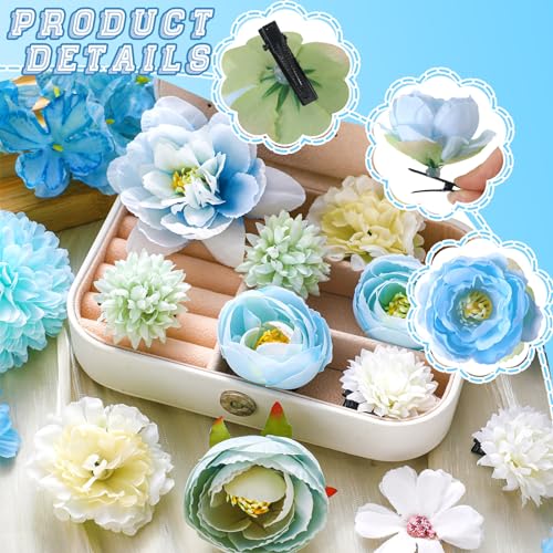 BBTO 21 Pcs Flower Hair Clip Rose Hair Clips Barrettes for Women Flower Accessories Boho Bride Claw Clip Hairpin Brooch Pin Headpiece for Wedding (White,Blue) - color: White, Blue