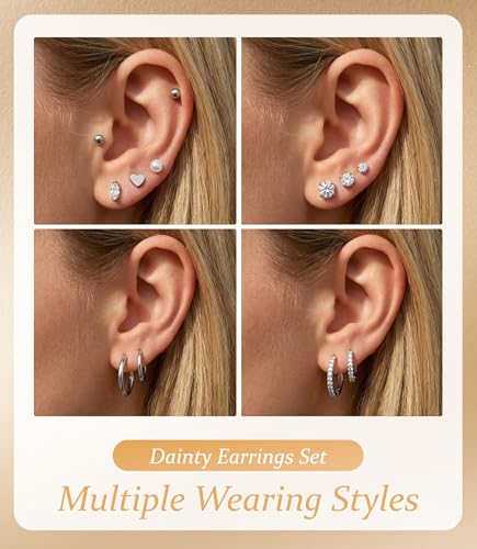 Incaton Hypoallergenic Flat Back Earrings for Women Silver 14K Gold Plated Surgical Stainless Steel Stud Earrings Cubic Zirconia Cartilage Studs Earrings For Multiple Piercing Sensitive Ears - color: F-Silver