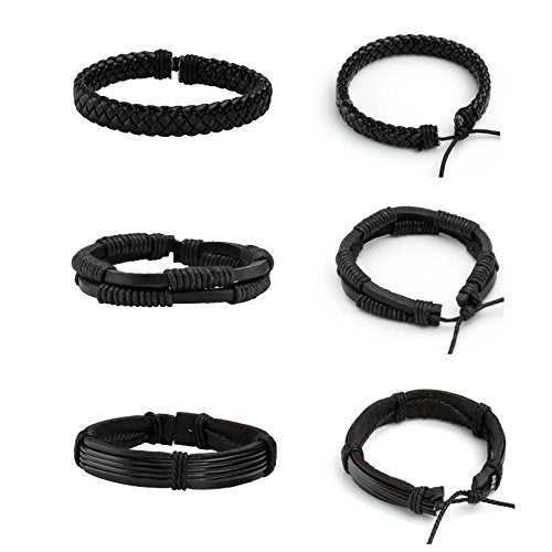 MILAKOO 6 Pcs Punk Braided Leather Bracelets for Men Women Cuff Wrap Wristbands Adjustable - color: Black