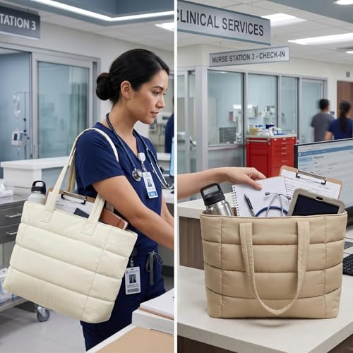 Puffer Tote Bag with Pouch, Women's Lightweight Quilted Shoulder Bag, 15.6"/17.3 Laptop Travel Weekender for Work & Nurses - color: Strawberry, size: Medium