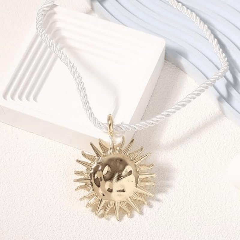 Exquisite Gold Sun Pendant Beige Rope Necklace - Retro Round Coin Necklace - Ladies