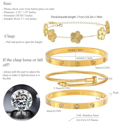 Womens Stackable Floral Gold Bracelets - 4Pcs 18K Gold Plated Bracelet,Stainless Steel Bangle Bracelets Non Tarnish, Gold Bracelet Set Trendy Jewelry,Christmas Valentines Birthday Gifts for Girlfriend - color: Bracelets Stack 4Sets (Floral Gold Bracelets,