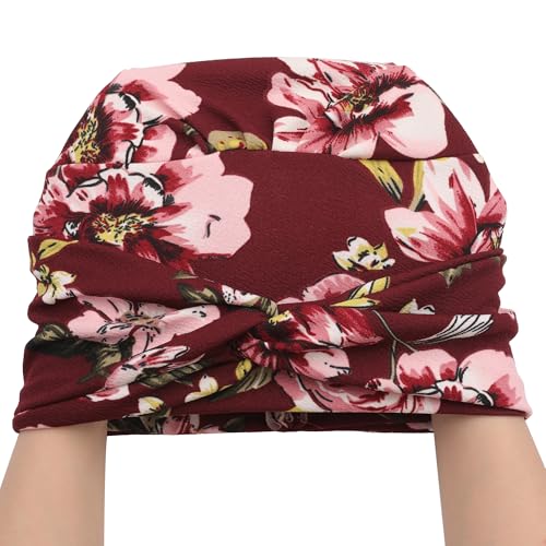 ZLYC Chemo Headwear for Women Pre Tied Turban Headwear Lightweight Beanie Hat - color: Flowers Burgundy