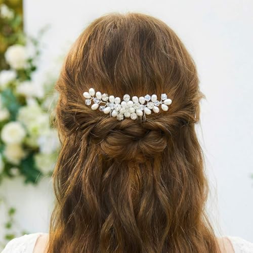 Brishow Pearl Crystal Hair Comb, Silver Bridal Wedding Hair Accessories for Women