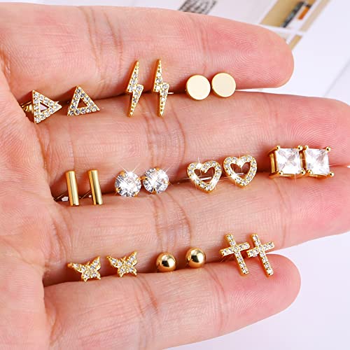 BOUTIQUELOVIN 14K Gold Stud Earrings Set for Women, for Multiple Piercing Silver Plated Studs Earrings and Zirconia Earring Set Small Huggie Hoop Chain Earing - color: 10Pairs Gold Studs