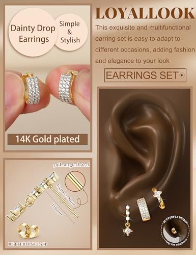 LOYALLOOK Hypoallergenic Flat Back Stud Hoop Earrings for Women, 14K Gold Plated Surgical Steel Earring Stacks Set for Sensitive Ears, Dainty Dangle Chain Silver Cartilage Earring Trendy Piercing Jewelry - color: Gold-chain