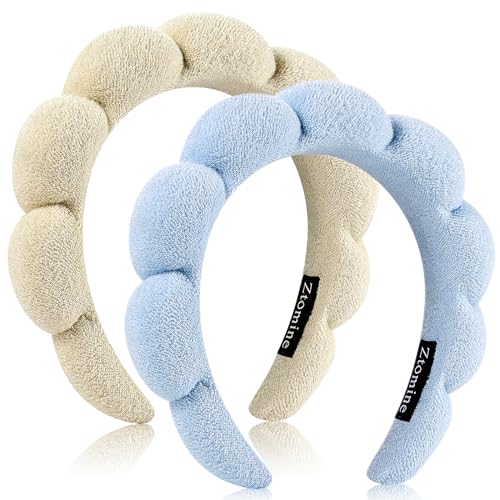 Ztomine Spa Terry Cloth Headband Combo Pack - 2 Puffy Makeup Facial Headbands for Face Washing and Masks (Beige + Blue) - color: beige + blue