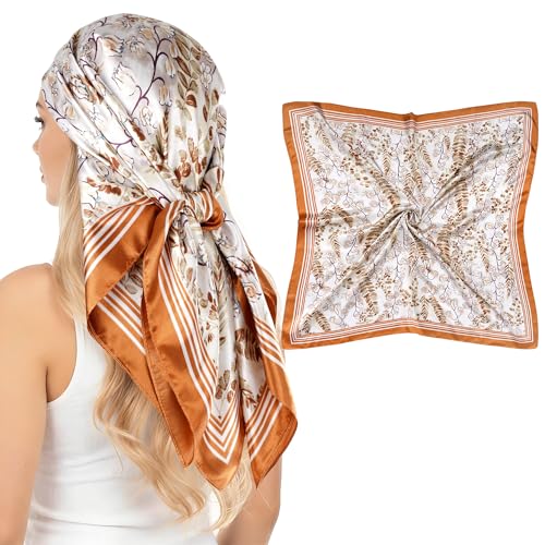 Pistha Head Scarf Bandana for Women, Satin Scarf for Hair, Large Square Silk Bandana Headscarf for Women and Men 35 Inch - style: Flower-orange