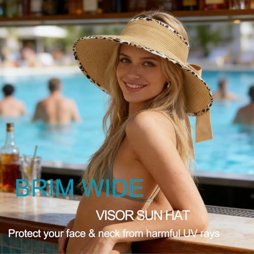 Women's Sun Visor Hats Wide Brim Beach Hat Straw Ponytail Visor Packable Foldable UPF 50+ Floppy Travel Hats - color: Khaki02