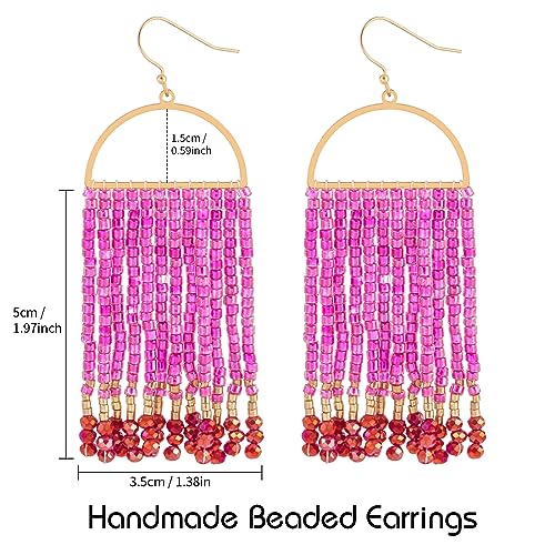 Bohemia Beaded Dangle Earrings - Handmade Seed Bead Earrings, Statement Beaded Tassel Earrings for Women - color: HOT PINK