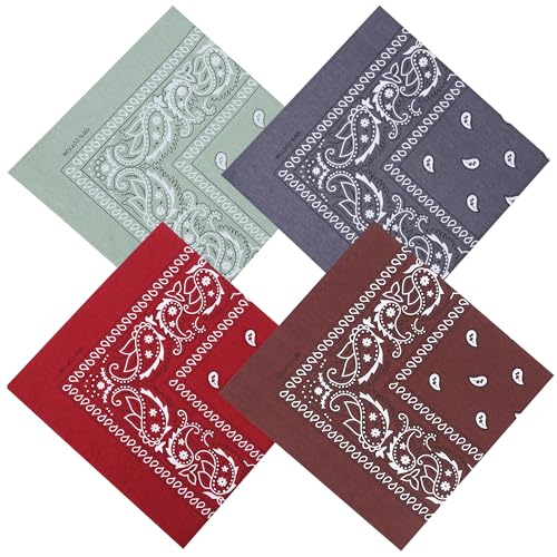 Mochabao 100% Cotton 27" x 27" Large Bandanas for Men & Women, Multi-Purpose Bandana Headbands, Square Head Scarf - color: Red/Gray/Brown/Sage Green