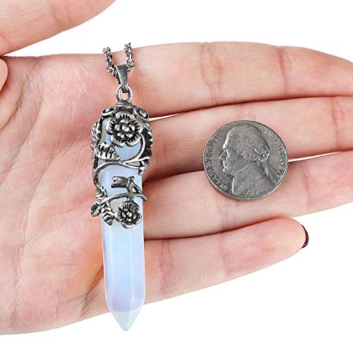 Top Plaza Antique Silver Flower Wrapped Synthetic Opalite Healing Crystal Necklace - color: Synthetic Opalite