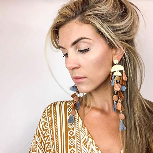 Long Tassel Earrings for Women Colorful Fringe Drop Dangle Earrings Bohemian Hawaiian Summer Beach Jewelry for Womens Vacation Outfits - color: Coffee