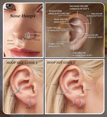 3pcs Nose Rings Hoops - 316L Surgical Steel Nose Hoops 16G/18G/20G CZ Opal Turquoise Clicker Septum Nose Ring Lip Helix Cartilage Hoop Earring Daith Rook Conch Body Piercing Jewelry for Women Men 6mm 8mm 10mm - color: Silver, size: 18 gauge(1.0mm)-10mm