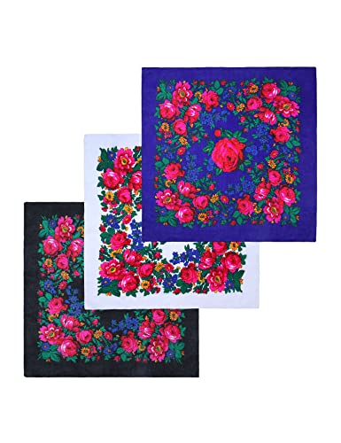 MJ SERECA Acrylic Bandana Printed Hair Scarf Square Ukrainian Head Scarf Floral Babushka Neck Scarf for Women 30"/42"/60" - color: 3 Pack-e 30"