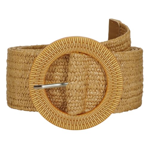 SUOSDEY Straw Woven stretchy Waist Belt for Women Dresses,Wide Boho Braided Elastic Belt with Round Buckle - color: 01-camel, size: Fits waist from 24"-27"
