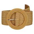 SUOSDEY Straw Woven stretchy Waist Belt for Women Dresses,Wide Boho Braided Elastic Belt with Round Buckle - color: 01-camel, size: Fits waist from 33"-37"