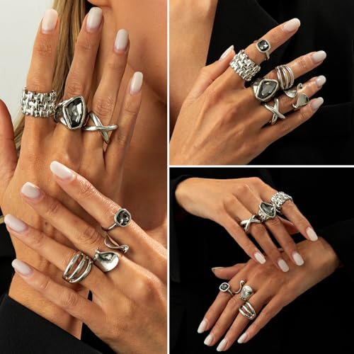 CHICUTIE Silver Kunckle Rings Set for Women, Stackable Chunky Crystal Finger Midi Stacking Rings, Dainty Black Cubic Zirconia Statement Thumb Knuckle Rings Pack Jewelry Gift