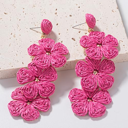 Boho Flower Earrings Statement Raffia Dangle Earrings Cute Floral Jewelry Trendy Summer Beach Vacation Outfits for Women - color: Rose-2
