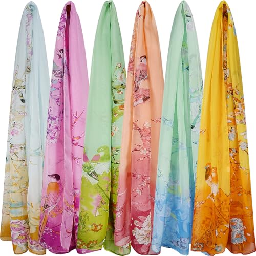 6 Pieces Scarves for Women Ladies Lightweight Silk Gorgeous Floral Pattern Lotus Print Chiffon Scarves - color: Magpie Nature Pattern