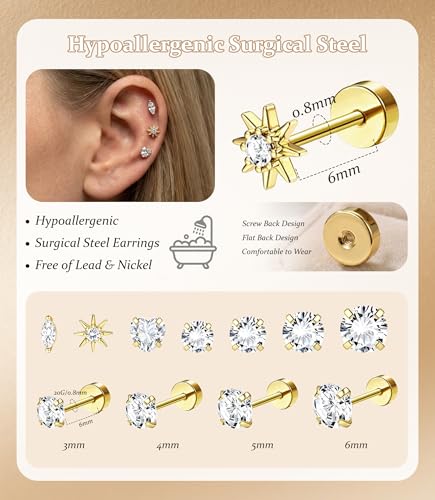 Incaton Hypoallergenic Flat Back Earrings for Women Silver 14K Gold Plated Surgical Stainless Steel Stud Earrings Cubic Zirconia Cartilage Studs Earrings For Multiple Piercing Sensitive Ears - color: GOLD