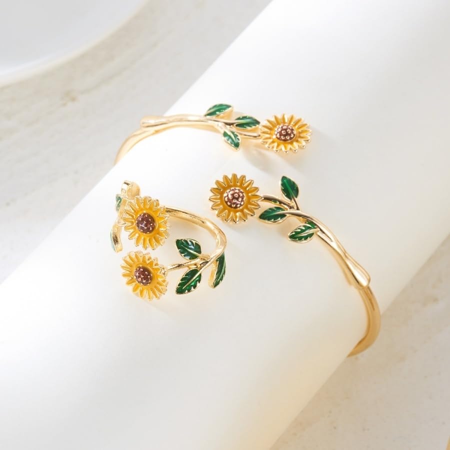 Caiyao 2Pcs Adjustable Sunflower Open Cuff Bangle Bracelets Ring Gold Tone Enamel Daisy Flower Floral Upper Arm Armband Bracelet for Women Boho Summer Inspired Floral Jewelry Gifts - style: StyleA